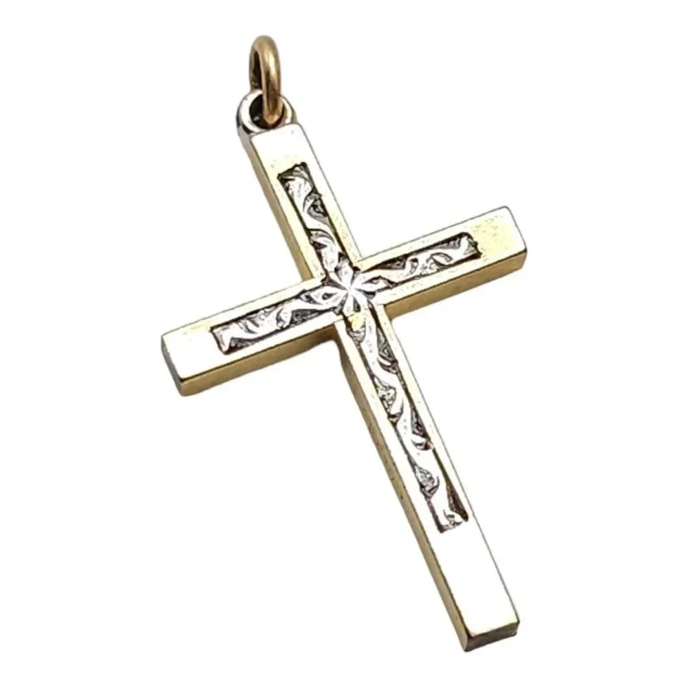 1/20 12k Gold Filled Sterling Silver Inlay Engraved Cross Pendant Vintage